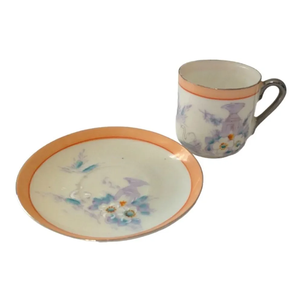 Lustreware Demitasse Espresso‎ Cup Saucer Hotta Yu Shoten Moriage Swans Floral.